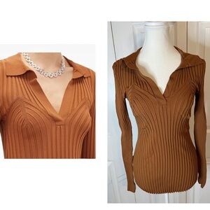 TOTÊME Arradon Ribbed Knit Rayon Blend Top Large Tobacco Brown L V Neck